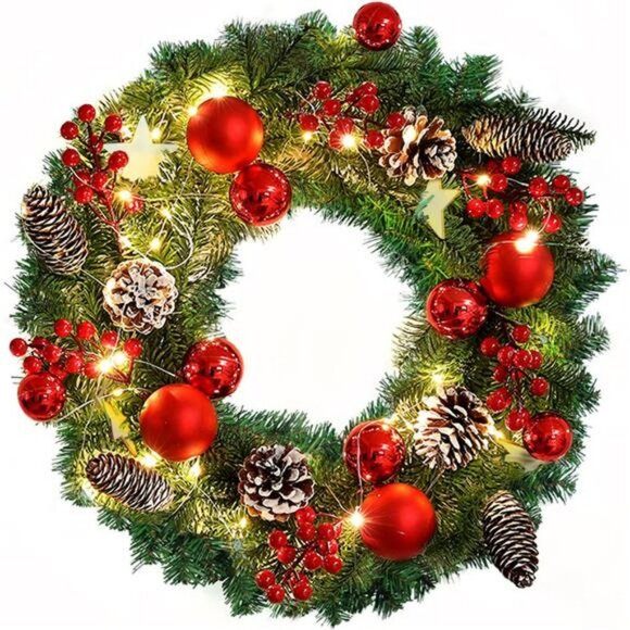 Christmas Wreath, 16 inch Artificial Wreath with Lights, for Front Door - Picture 5 of 7